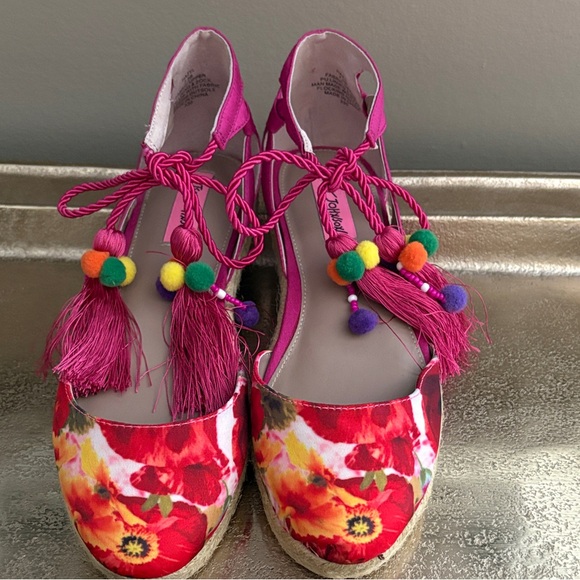 Betsey Johnson Shoes - Betsey Johnson Hot Pink Floral Espadrille Wedges with Pom Tassel Ties